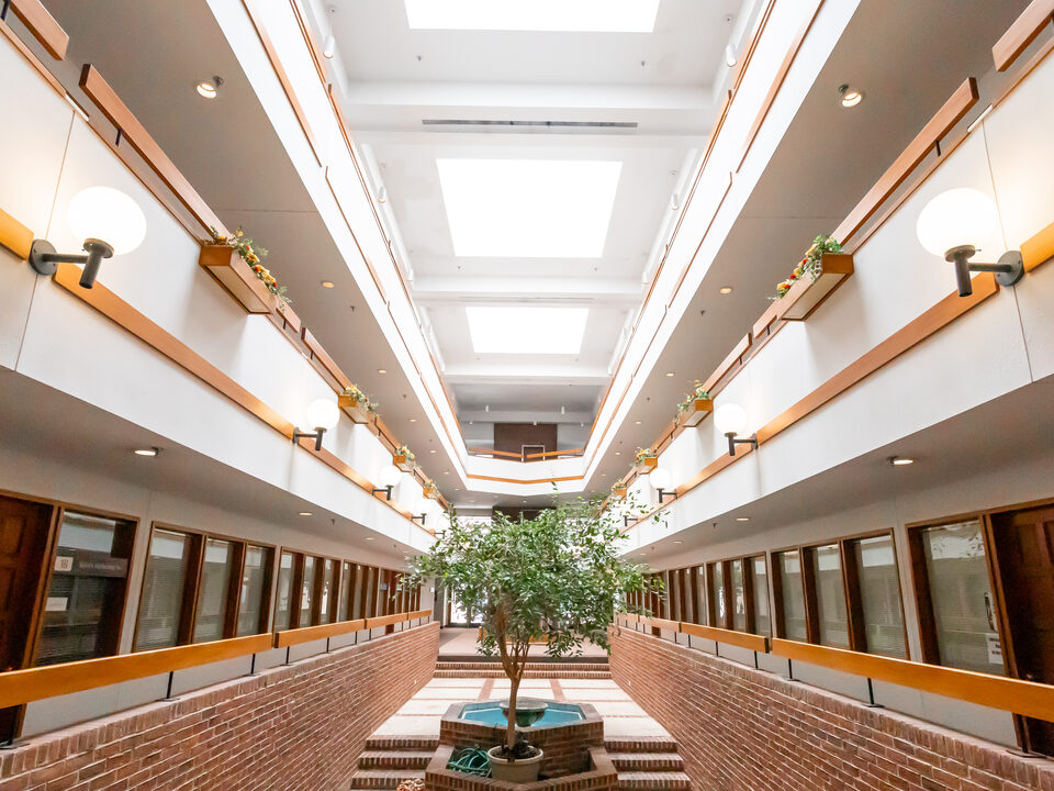 The skylit central atrium at Lyric Square, lined with office suites under the preserved theatre ceiling in Anniston, Alabama