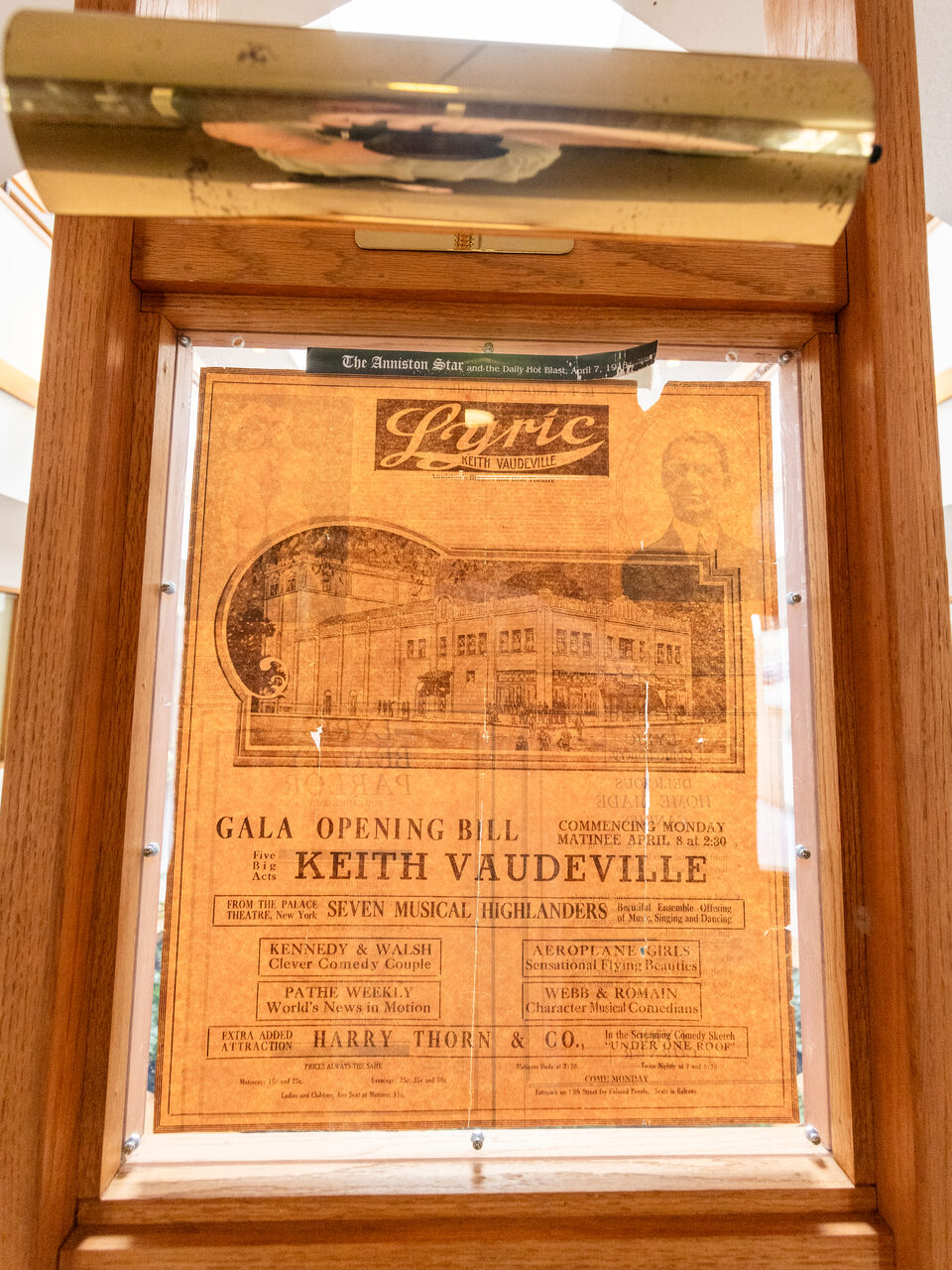 The framed 1918 Lyric Theatre gala opening bill for Keith Vaudeville, preserved at Lyric Square